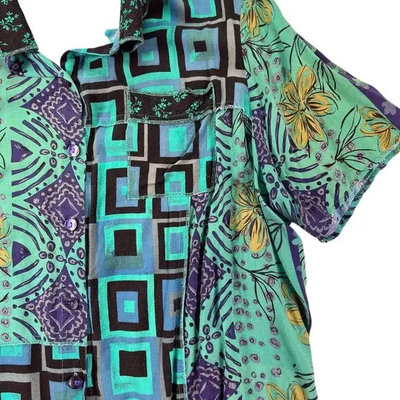 Vintage Plus Size 2 Piece Set 22W 24W Teal Patchwork Rayon Pants Shirt Outfit - Picture 11 of 16